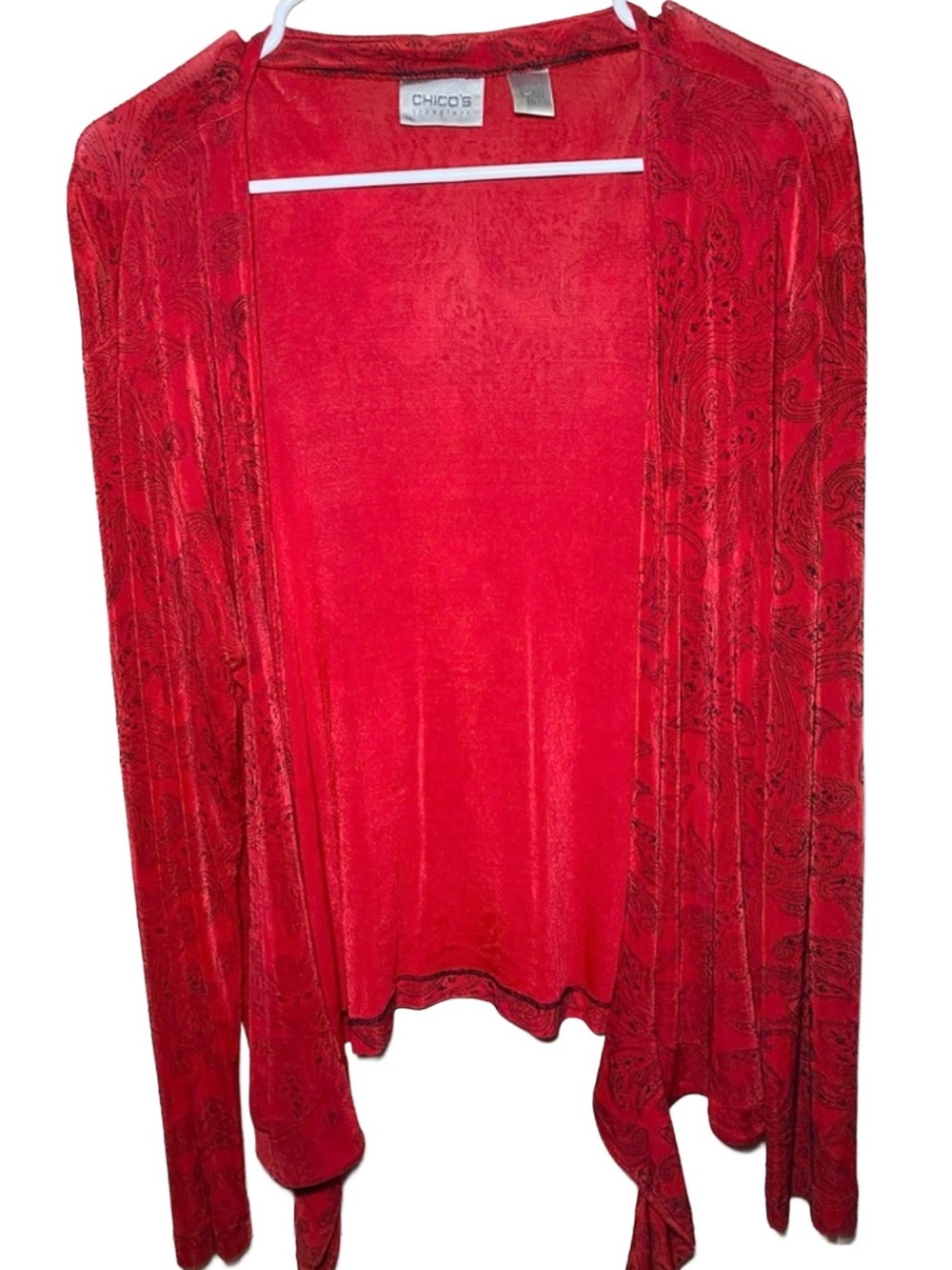 Chico's Travelers Elegant Red Black Paisley Tie Front Cardigan Jacket Size 1